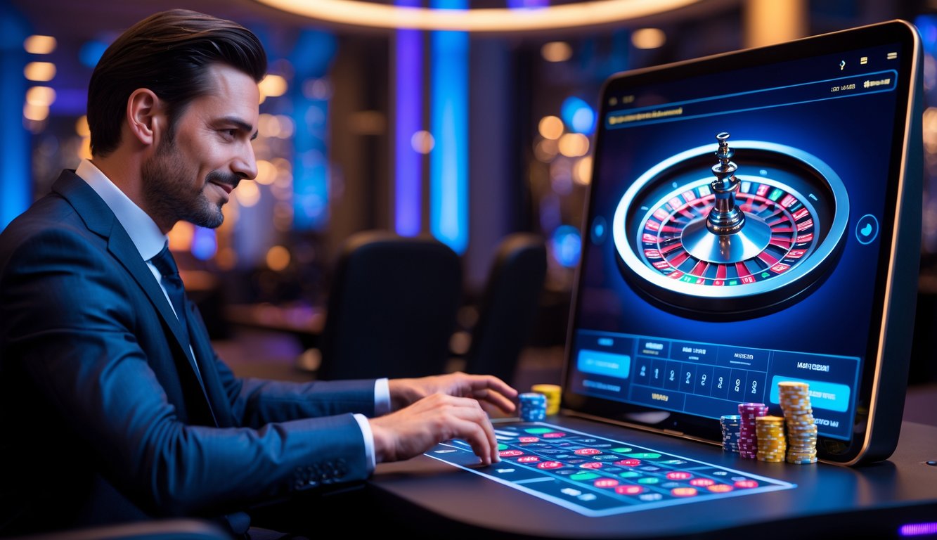 Seorang pria mengenakan jas gelap duduk di depan meja roulette digital di kasino online dengan pencahayaan mewah dan suasana eksklusif.