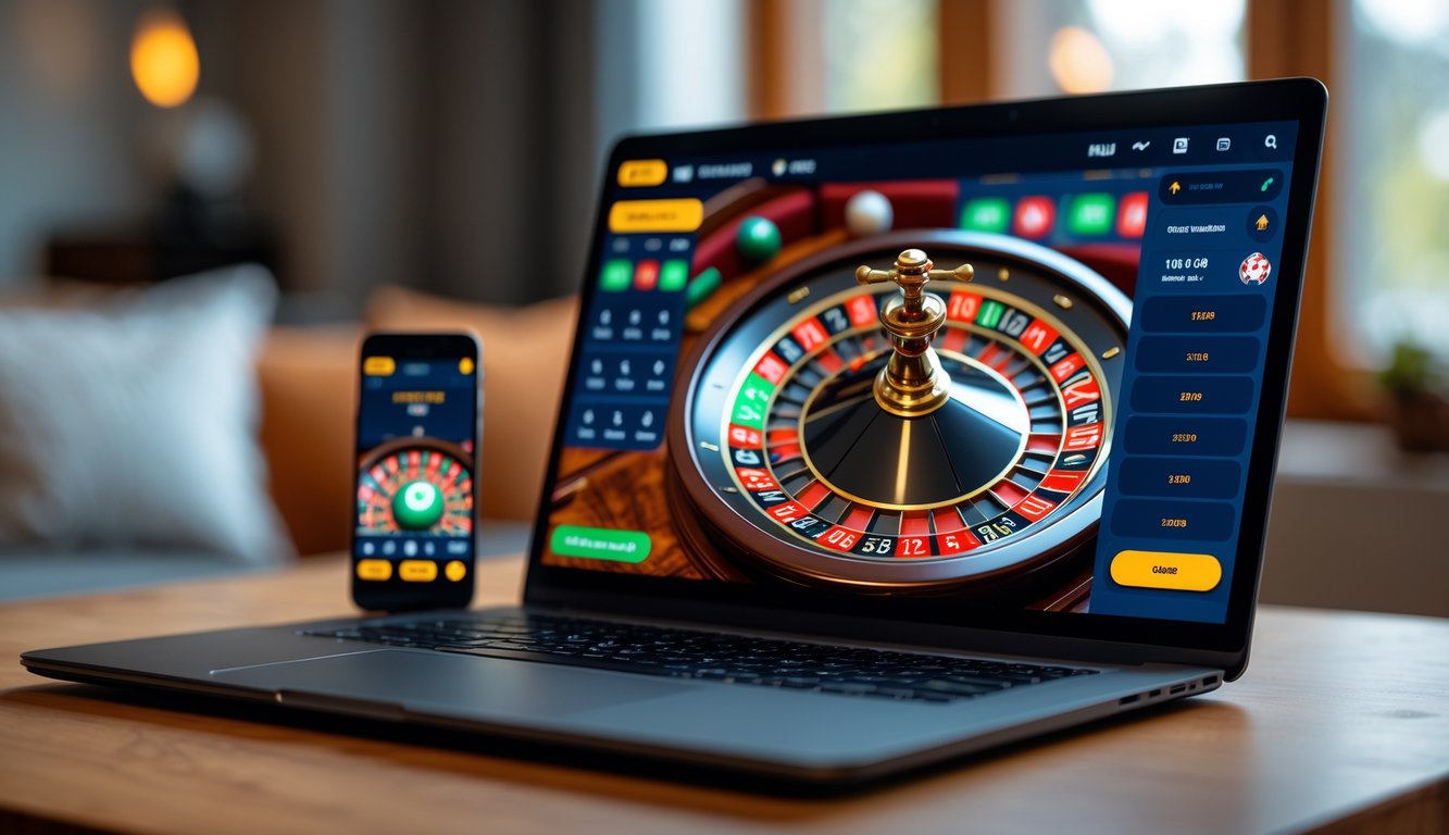 Laptop dan ponsel menampilkan permainan roulette online dengan roda roulette berwarna merah dan hitam di layar.