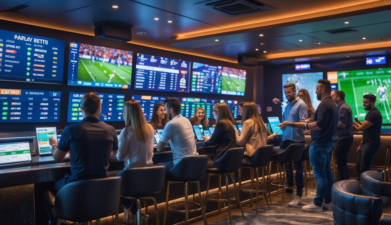 Beberapa orang sedang melihat layar digital yang menampilkan pertandingan sepak bola dan opsi taruhan parlay di sebuah tempat modern.