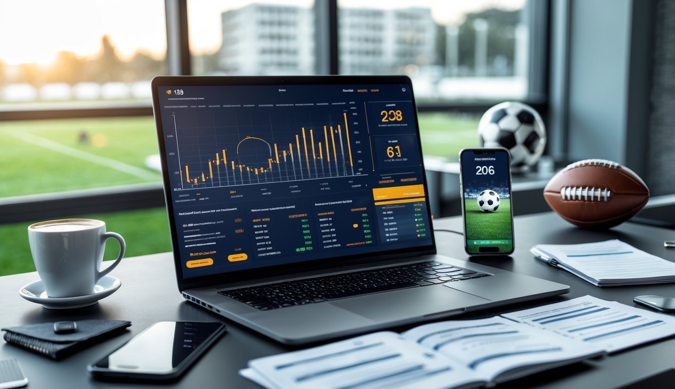 Meja kerja dengan laptop yang menampilkan data dan statistik pertandingan sepak bola, kalender digital menunjukkan tahun 2026, serta ponsel dengan siaran langsung pertandingan sepak bola.