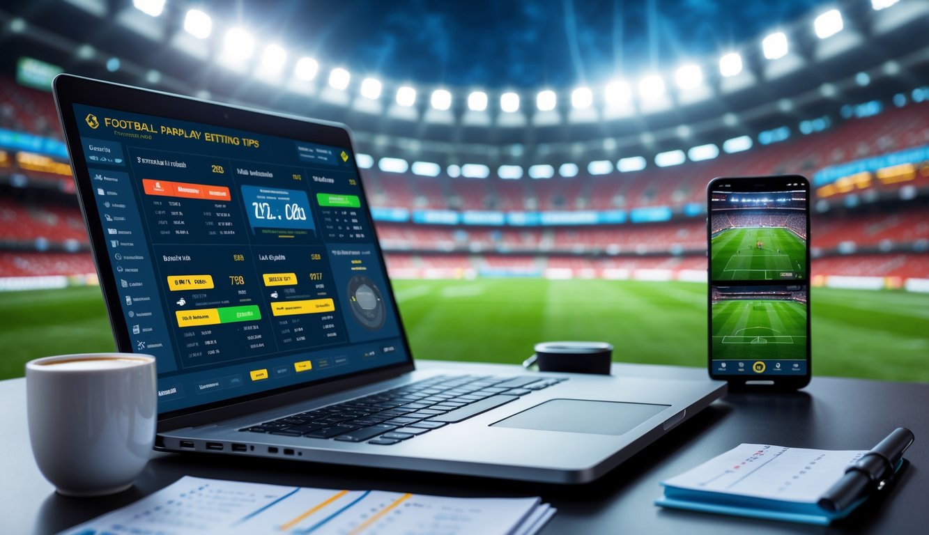 Seorang pria di meja kerja dengan laptop dan ponsel yang menampilkan statistik dan pertandingan sepak bola, dikelilingi oleh catatan dan kopi, dengan latar belakang stadion sepak bola penuh penonton.