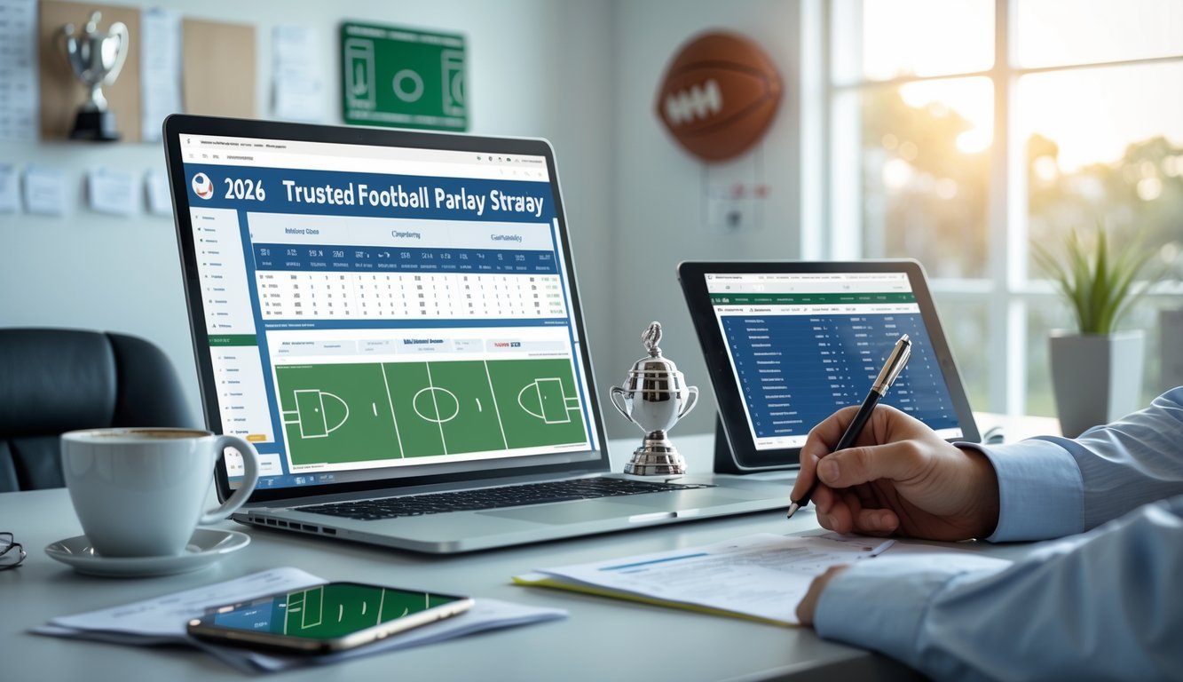 Seorang profesional sedang menganalisis data parlay bola di meja kerja dengan perangkat digital dan catatan di kantor yang terang.