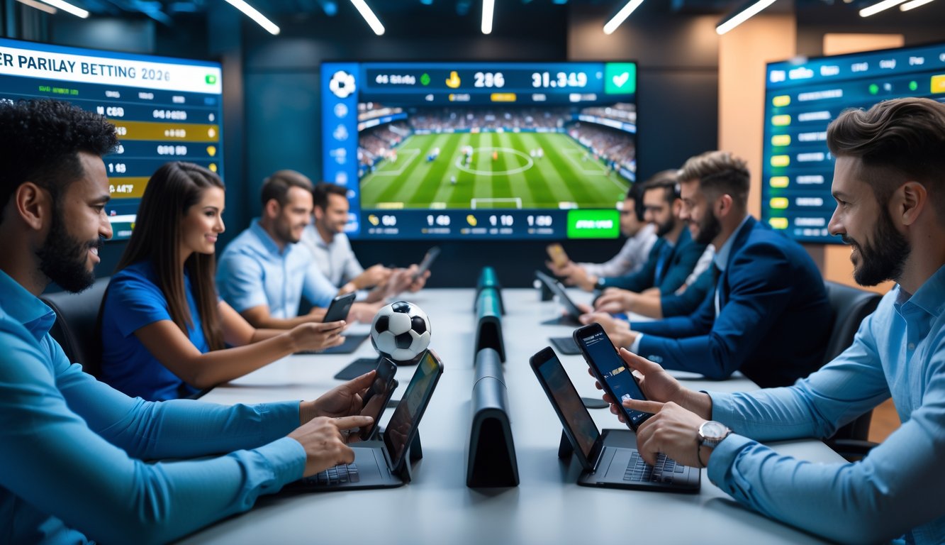 Orang-orang menggunakan perangkat digital untuk memasang taruhan bola parlay di ruangan modern dengan layar menampilkan pertandingan sepak bola secara langsung.