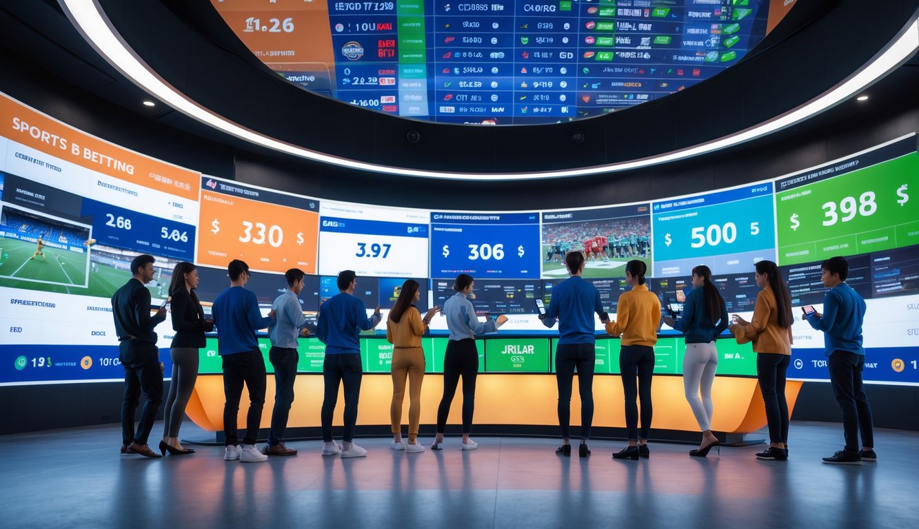Beberapa orang muda sedang menggunakan perangkat digital di ruang olahraga modern dengan layar besar menampilkan berbagai pertandingan olahraga dan peluang taruhan tinggi.