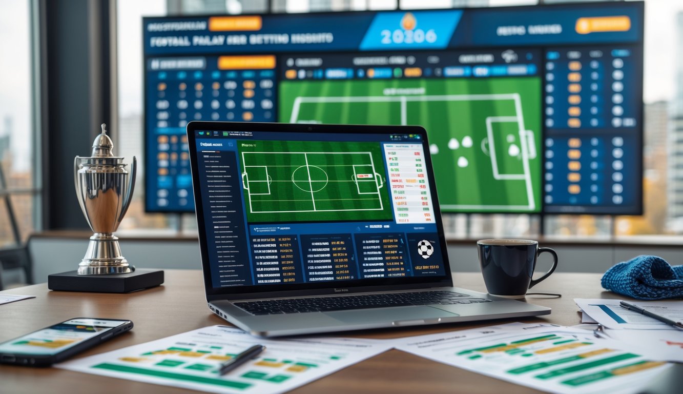 Meja kerja dengan laptop menampilkan statistik pertandingan sepak bola dan peluang taruhan, dilengkapi dengan catatan, kopi, dan layar digital besar di latar belakang yang menampilkan jadwal liga sepak bola.