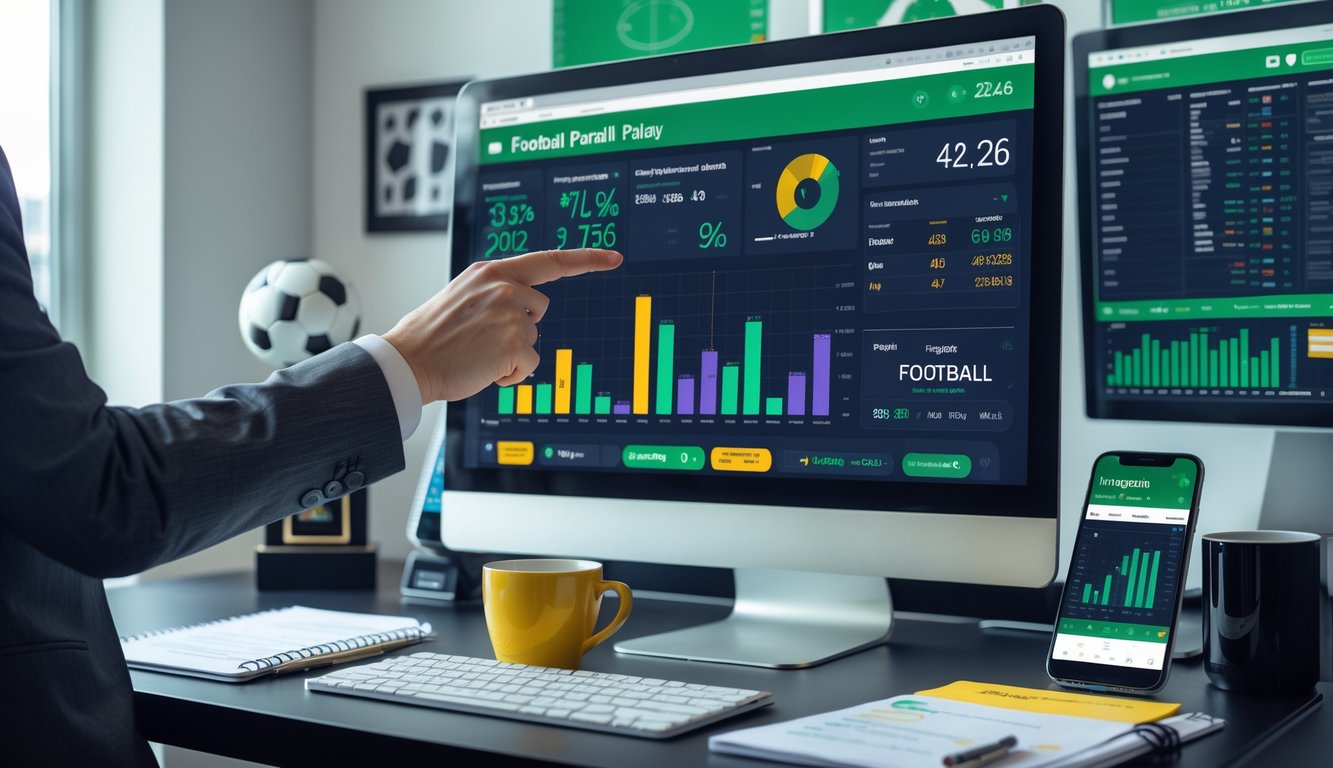 Seorang profesional sedang menganalisis data pertandingan sepak bola dengan perangkat digital di meja kerja modern.