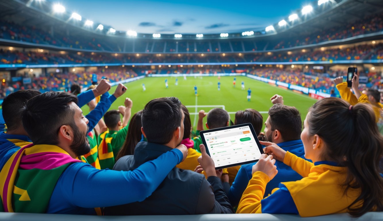 Sekelompok orang sedang melihat pertandingan sepak bola di stadion yang ramai dengan penonton, sambil menggunakan perangkat digital untuk melihat statistik dan peluang taruhan.