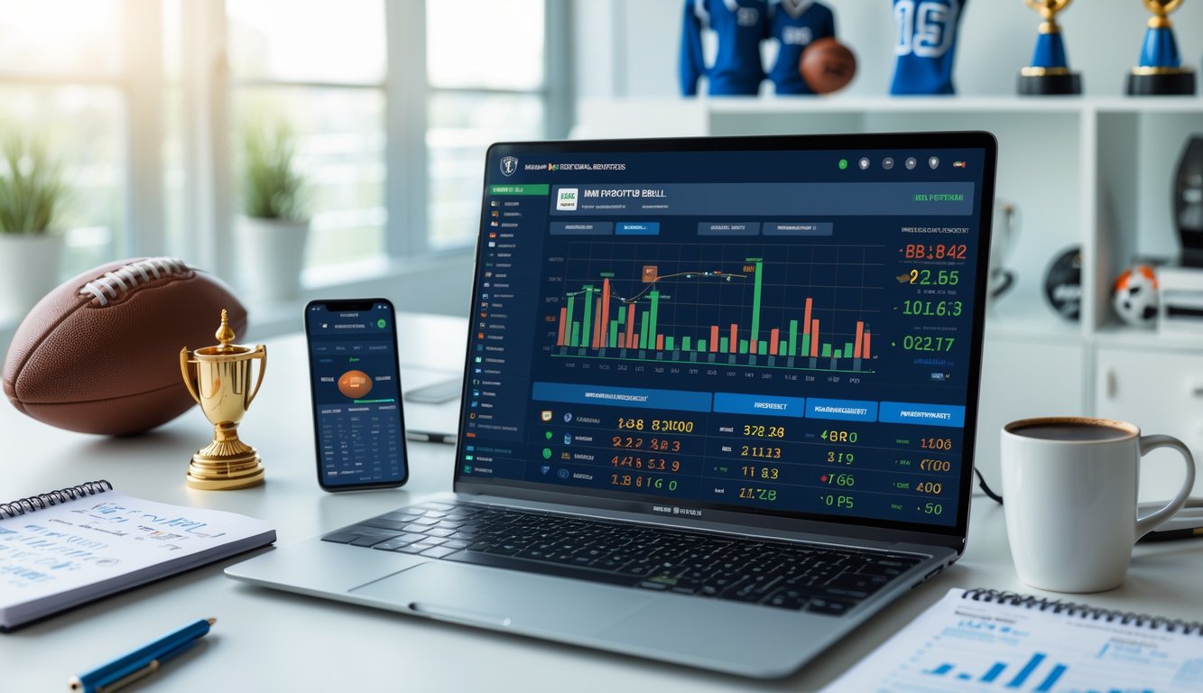 Meja kerja dengan laptop yang menampilkan statistik pertandingan sepak bola dan peluang taruhan, ponsel dengan skor langsung, catatan tulisan tangan, dan secangkir kopi di ruang kantor yang terang.