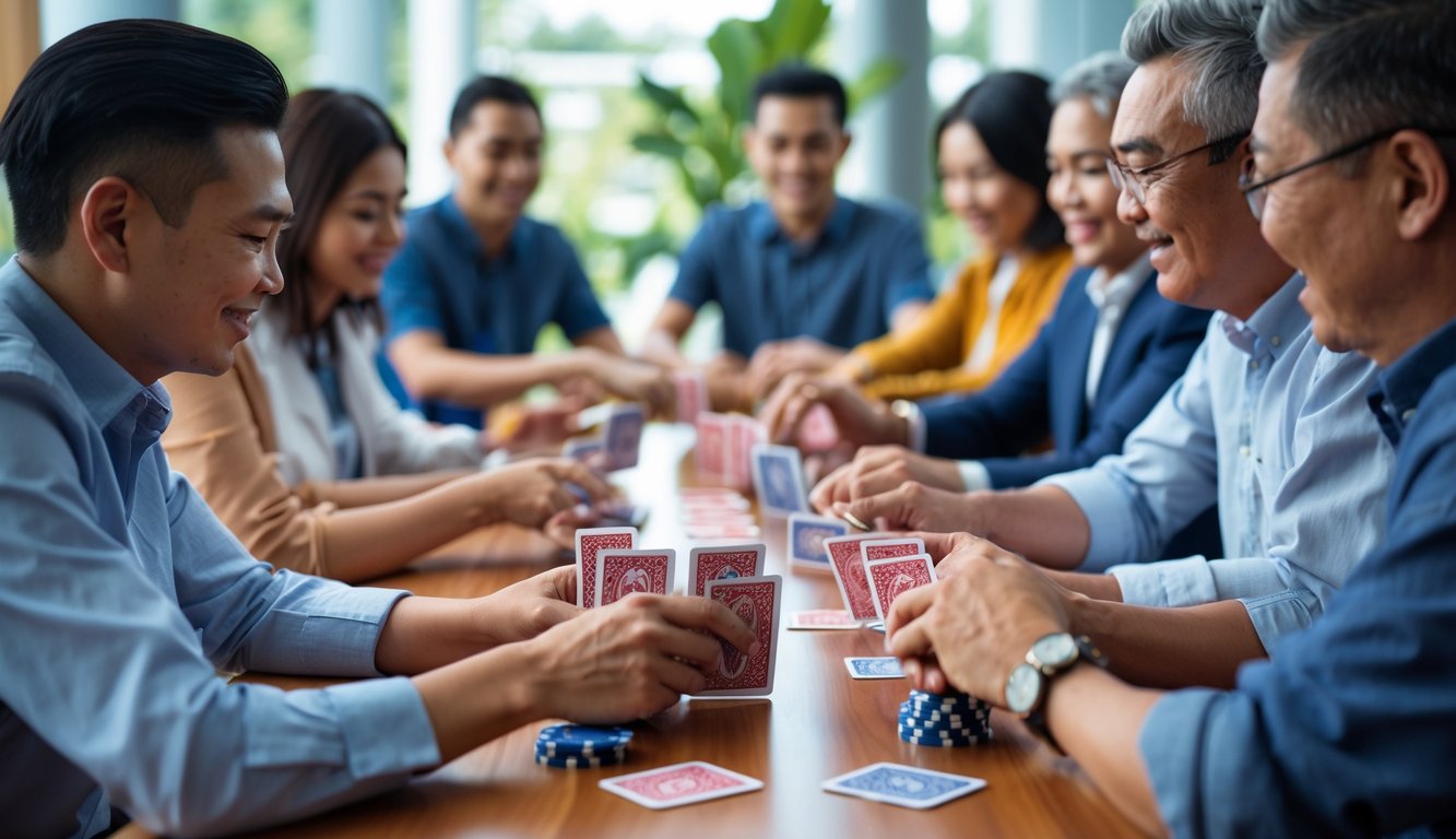 Sekelompok orang bermain kartu Ceme Super 6 di meja kayu dalam ruangan dengan suasana hangat dan ramah.