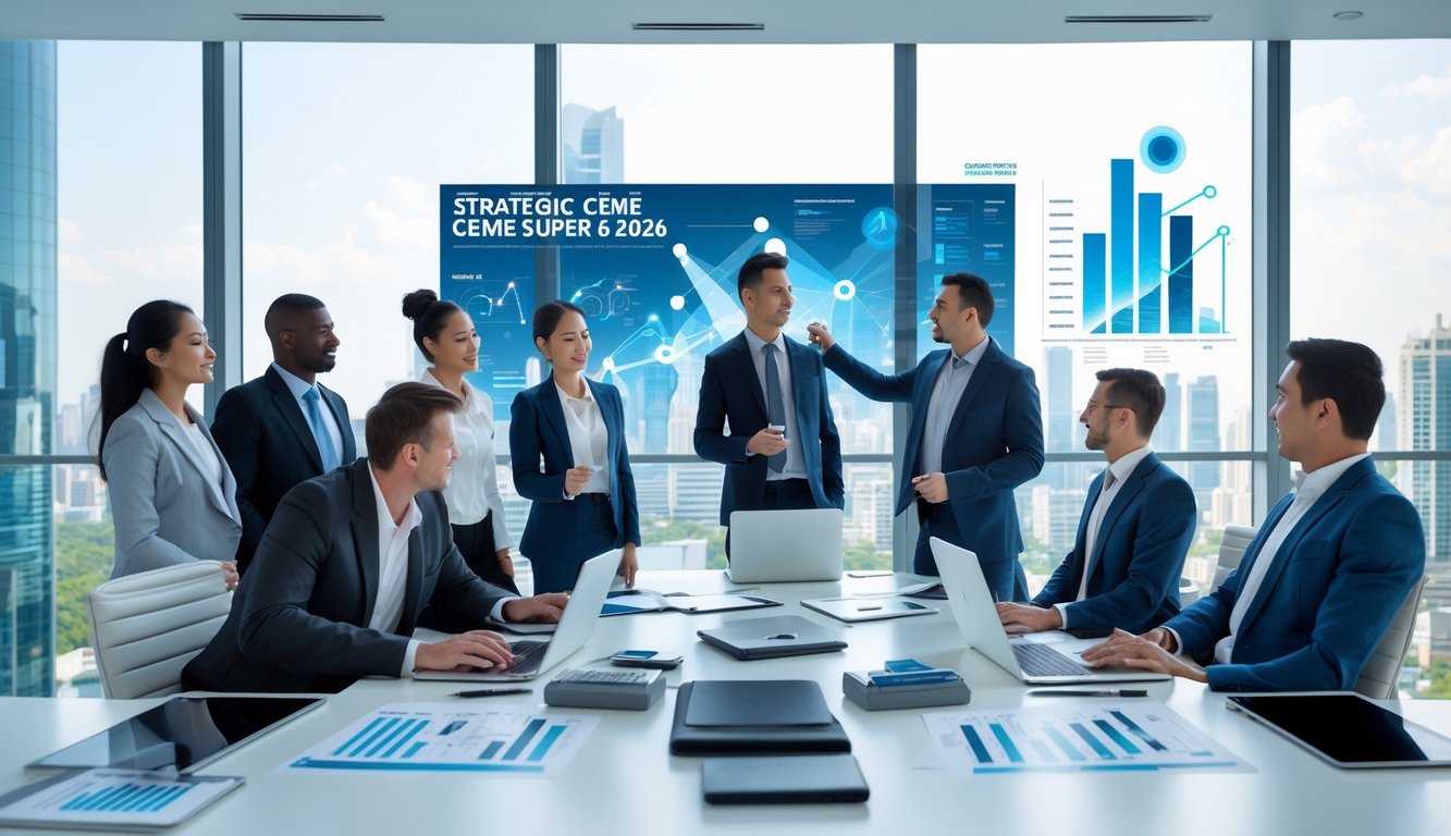 Sekelompok profesional bisnis sedang berdiskusi dalam rapat strategi di ruang kantor modern dengan pemandangan kota.