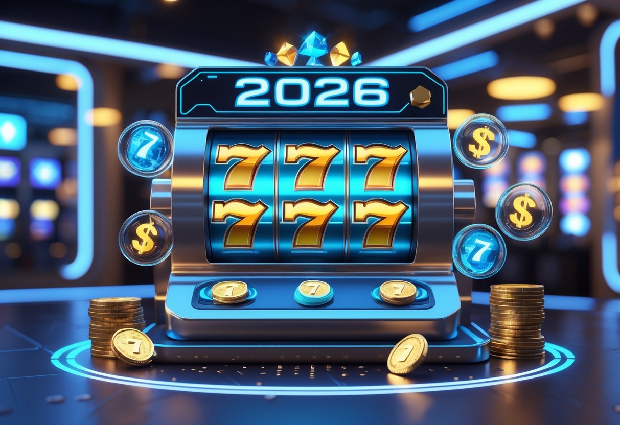 Mesin slot futuristik dengan simbol keberuntungan dan latar kasino berteknologi tinggi