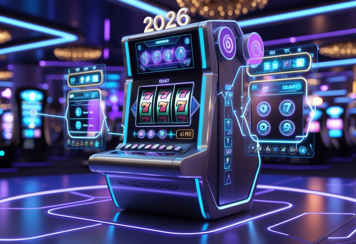 Mesin slot futuristik dengan efek cahaya neon di lantai kasino berteknologi tinggi, menampilkan antarmuka digital yang menggambarkan cara bermain dan strategi permainan.