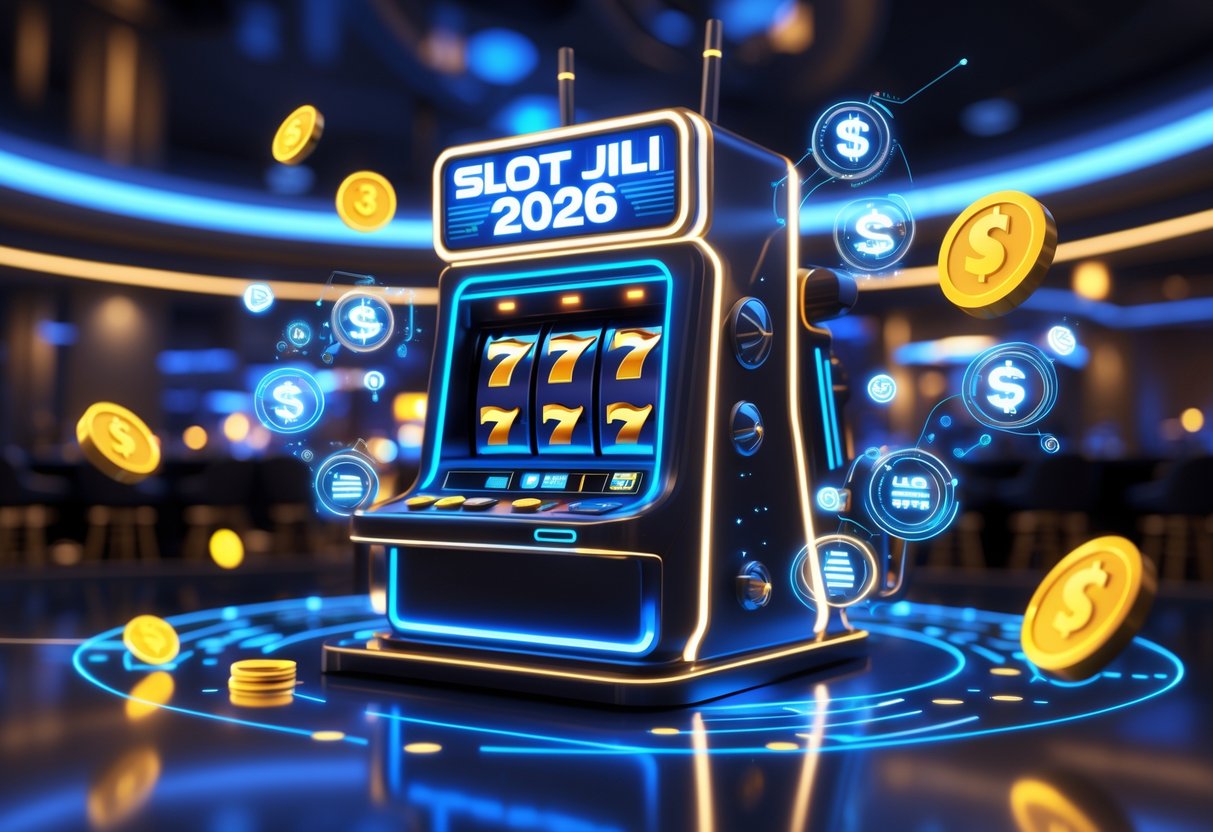 Mesin slot futuristik dengan efek cahaya neon dan ikon digital mengambang di lingkungan kasino modern.