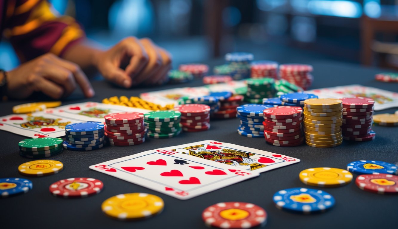 Meja permainan kartu dengan kartu dan chip poker yang tertata rapi dalam suasana yang cerah dan menarik.