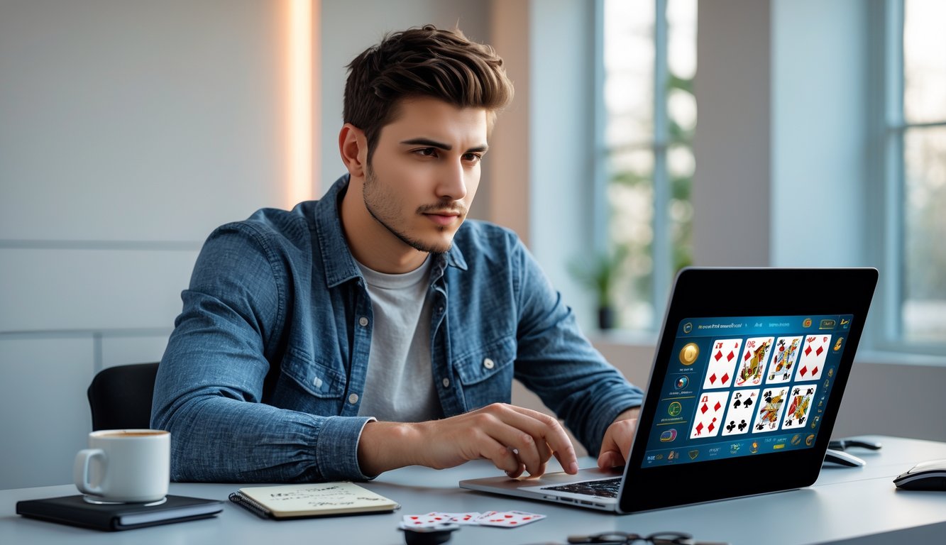 Seorang pria muda duduk di meja modern bermain permainan kartu online dengan laptop, di sekitarnya terdapat catatan dan ponsel.