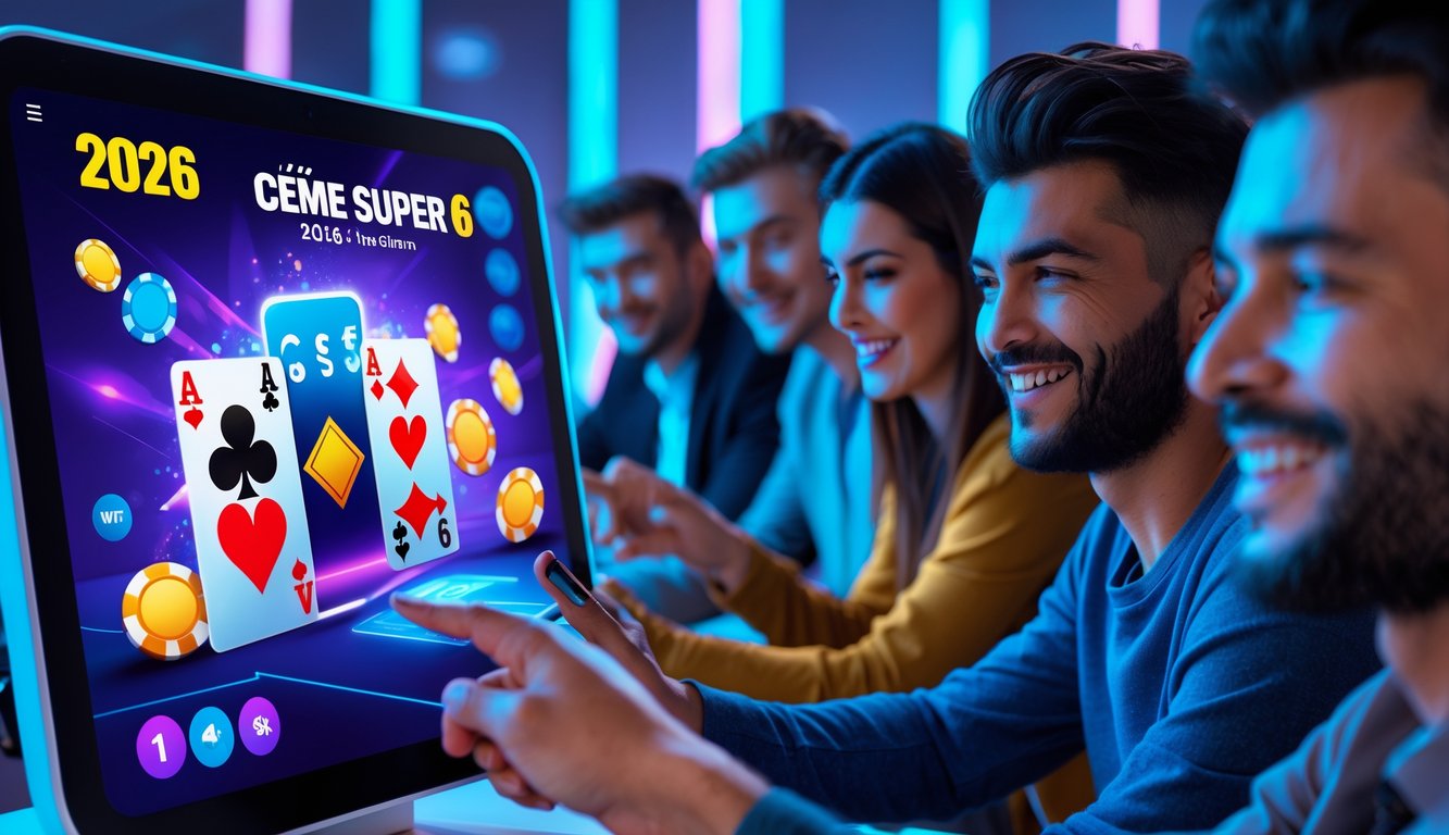 Beberapa orang muda sedang menggunakan layar sentuh digital dengan kartu bermain dan dadu dalam suasana permainan online modern.