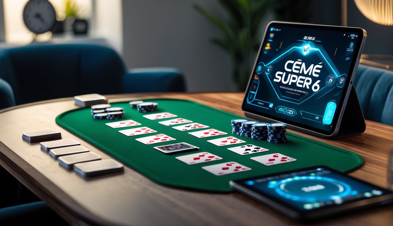 Meja permainan dengan kartu dan chip poker tertata rapi, serta tablet digital menampilkan antarmuka modern.