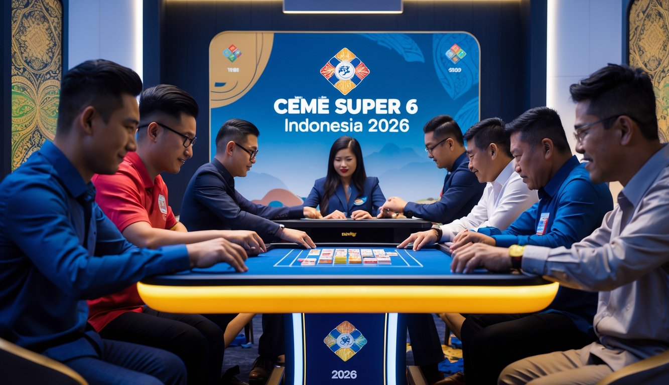 Meja permainan Ceme Super 6 dengan beberapa pemain yang sedang bermain di ruangan yang terang dan modern dengan elemen budaya Indonesia di latar belakang.