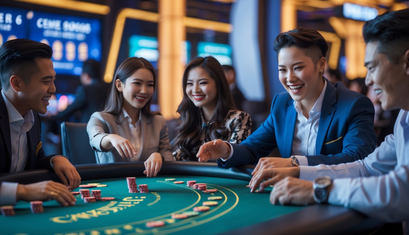 Beberapa pemain sedang bermain kartu di meja kasino modern dengan suasana cerah dan penuh semangat.