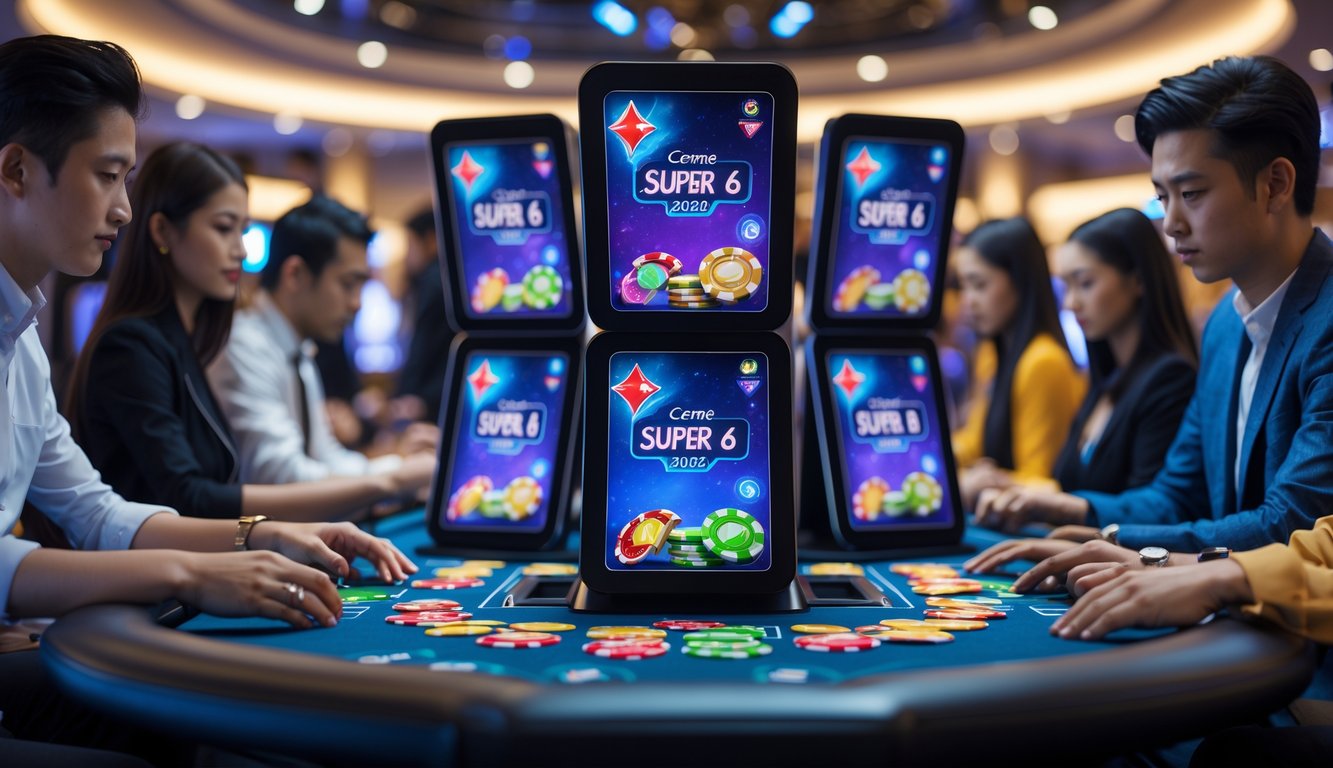 Meja permainan kartu dengan enam tampilan digital kartu dan chip, dikelilingi pemain yang fokus dalam suasana kasino modern.