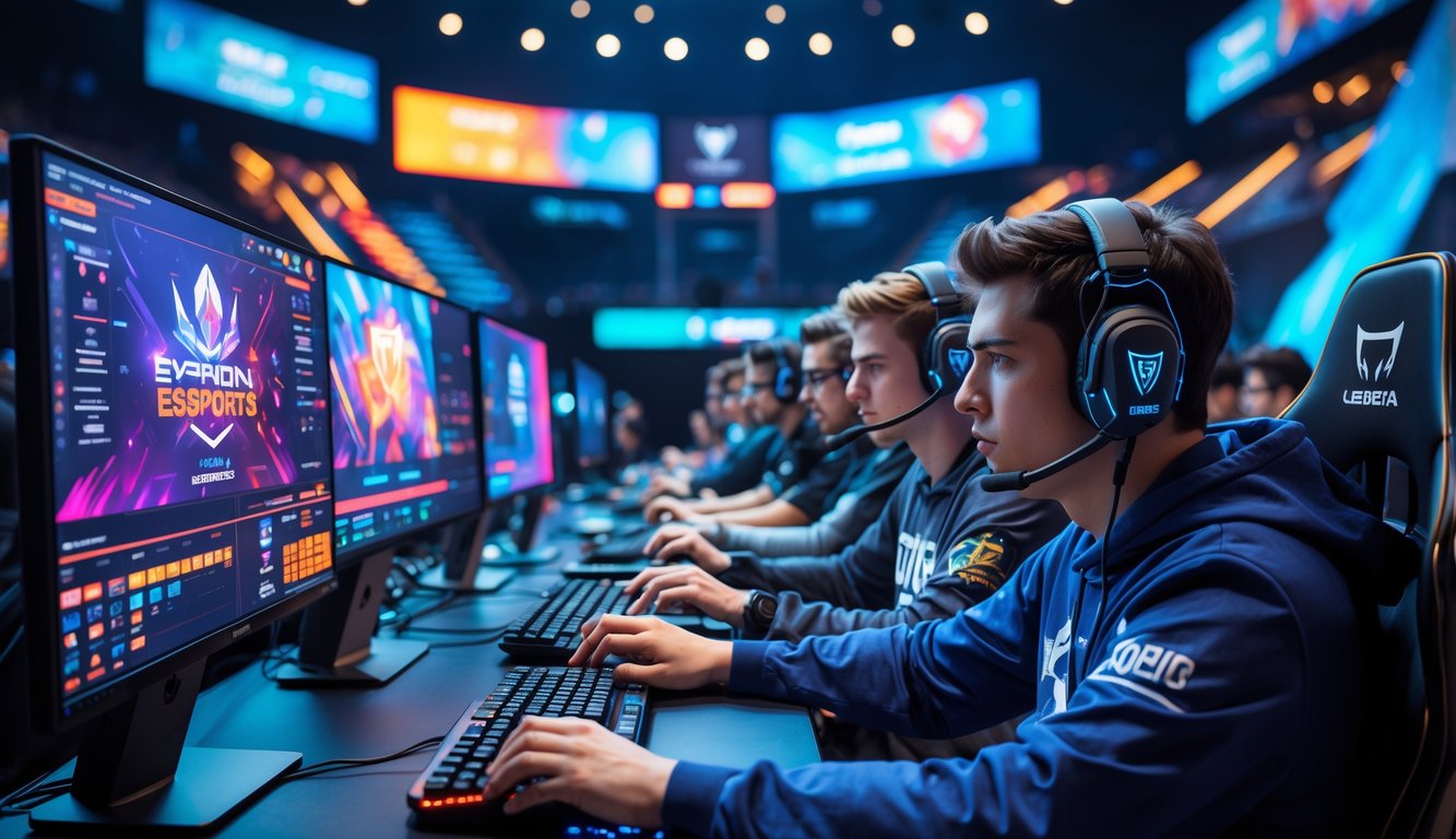 Sekelompok pemain muda sedang bermain game esports dalam ruangan dengan peralatan gaming canggih dan pencahayaan LED yang dinamis.