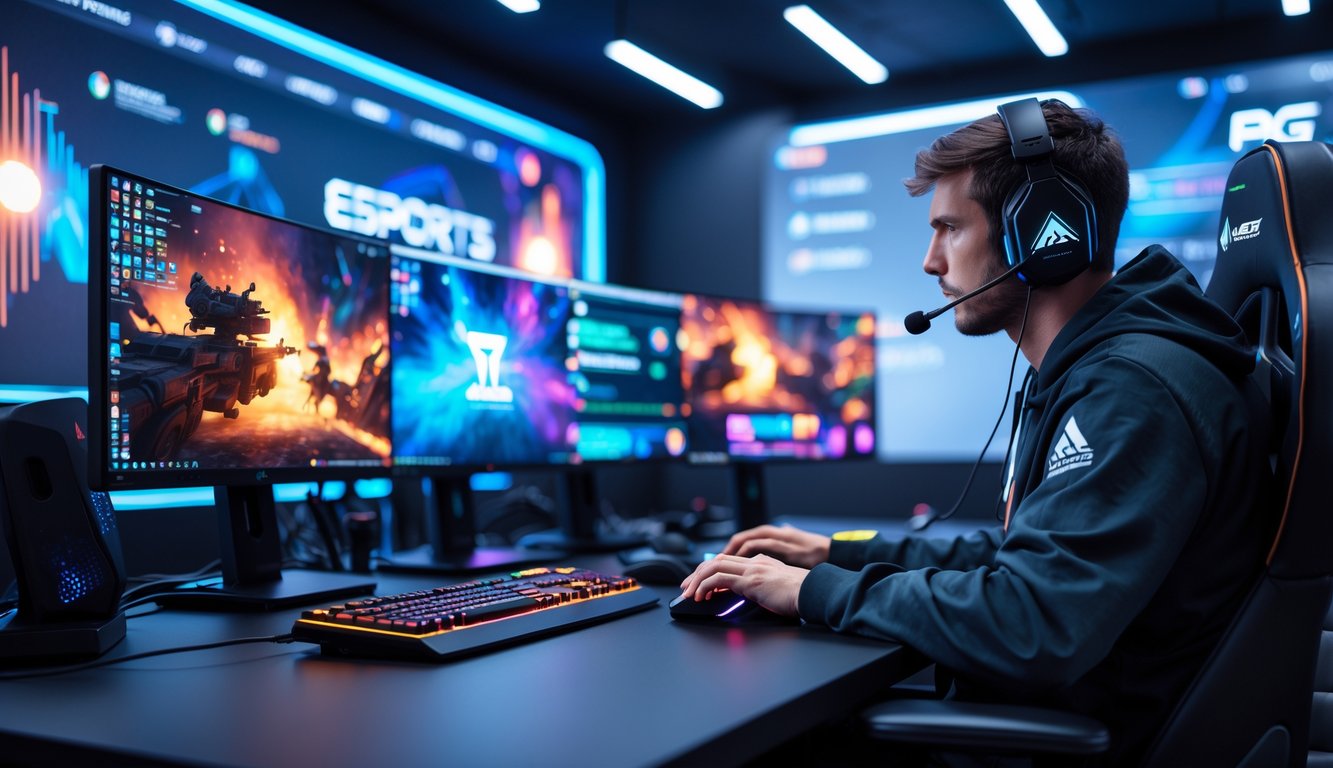 Seorang pemain esports profesional sedang fokus bermain di depan beberapa monitor dengan pencahayaan warna-warni di ruangan yang modern dan futuristik.