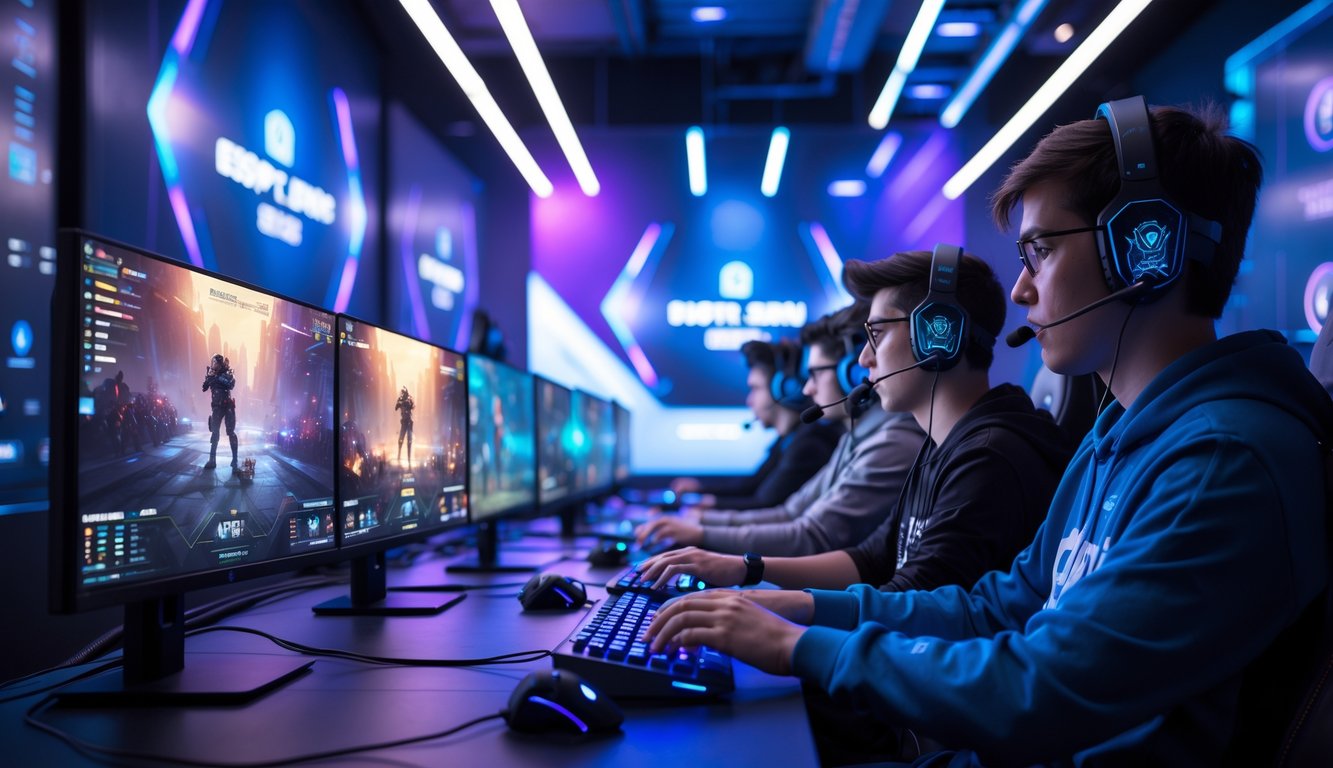 Sejumlah pemain esports sedang fokus bermain di ruangan gaming modern dengan beberapa monitor dan pencahayaan LED berwarna biru dan ungu.