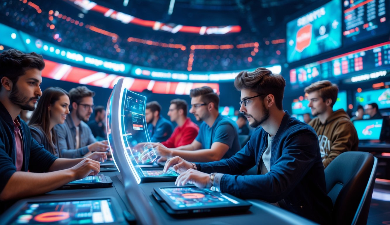 Sekelompok orang muda menggunakan perangkat digital modern di lingkungan taruhan esports yang futuristik dan penuh semangat.