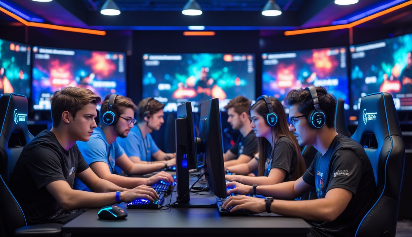 Sekelompok orang muda fokus bermain game esports secara online di sebuah ruang gaming modern dengan komputer dan layar besar.