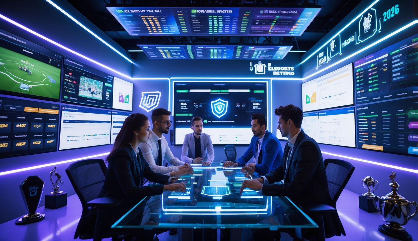 Kantor agen judi esports modern dengan beberapa orang muda yang sedang bekerja dan melihat layar komputer besar menampilkan permainan esports dan data taruhan.