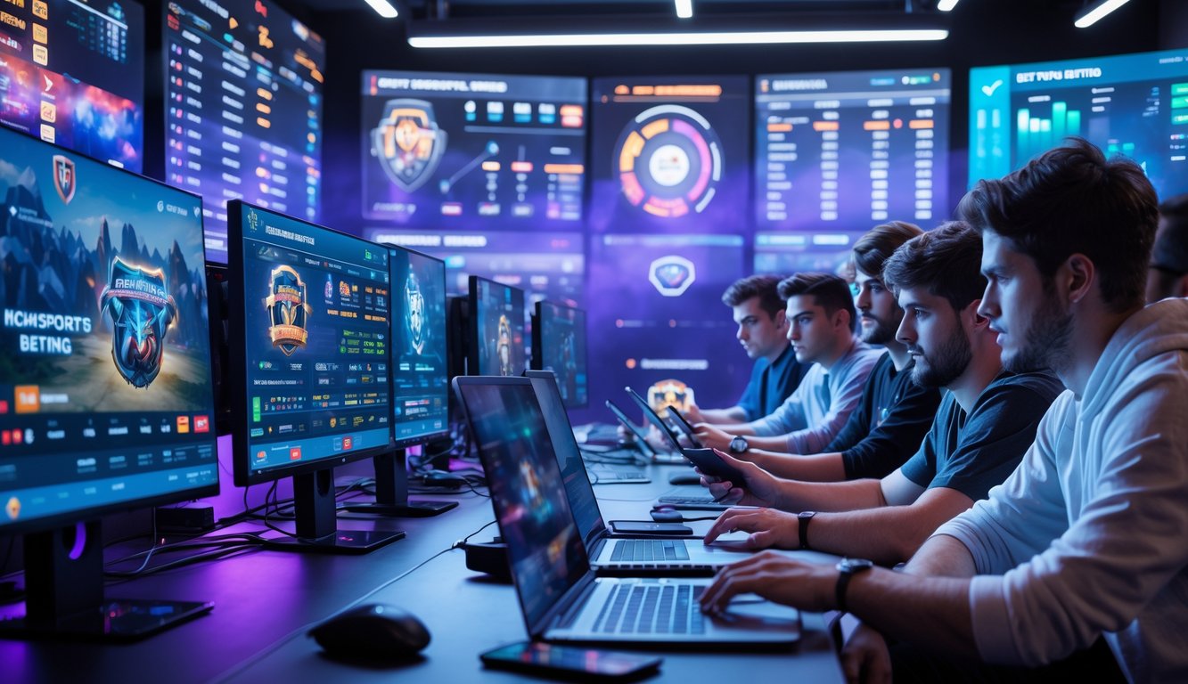 Sekelompok orang muda sedang menggunakan komputer dan ponsel untuk memasang taruhan pada pertandingan esports di sebuah ruangan modern dengan layar besar yang menampilkan permainan dan statistik.