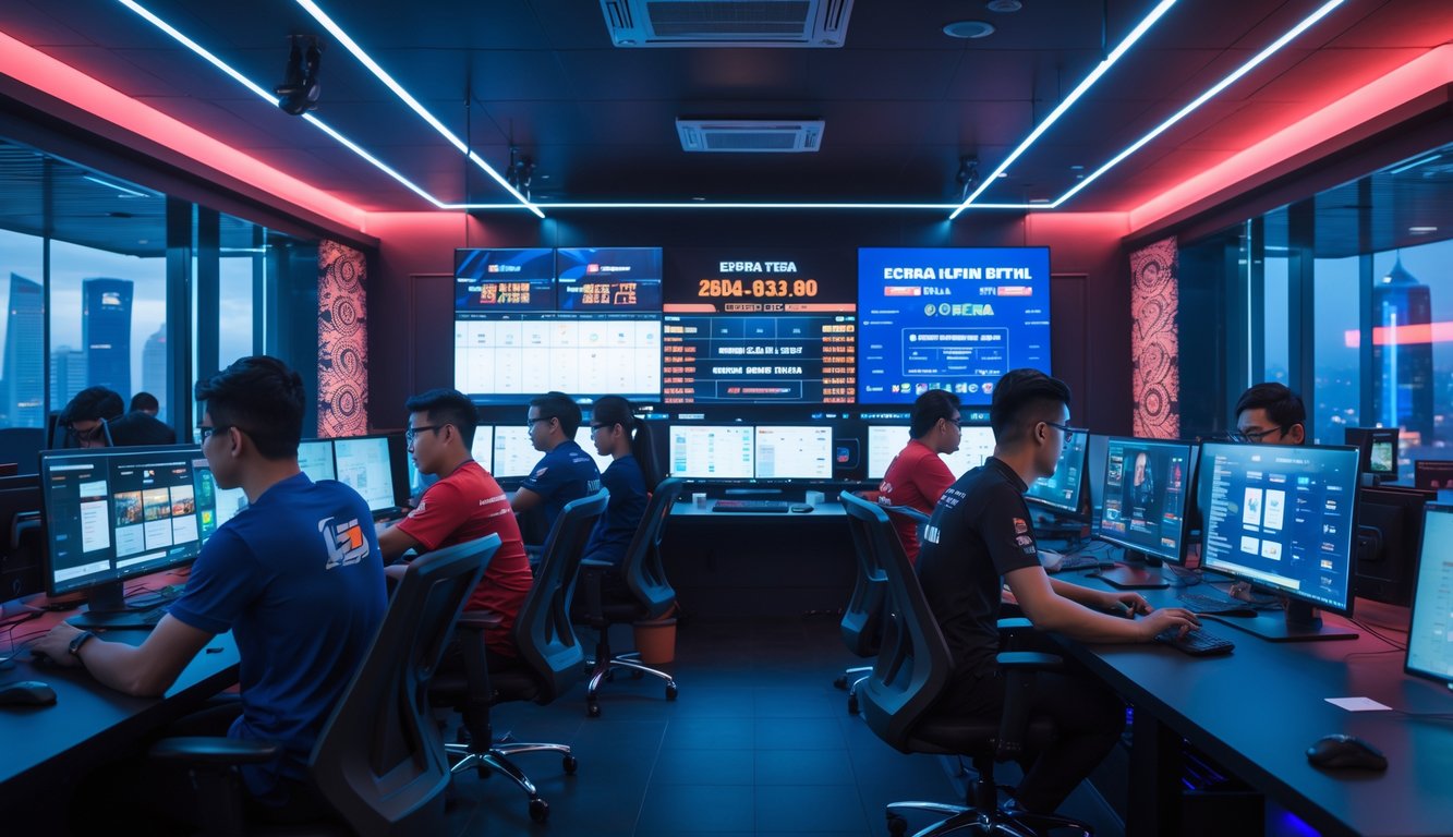 Orang-orang muda di kantor modern sedang bermain dan bertaruh pada permainan esports dengan layar besar dan suasana teknologi tinggi.