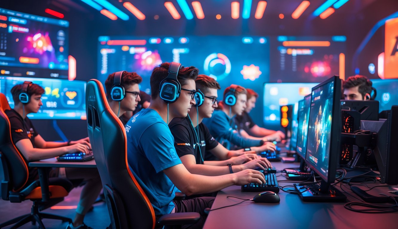 Sekelompok orang muda sedang bermain game kompetitif menggunakan ponsel dan komputer di arena esports yang modern.