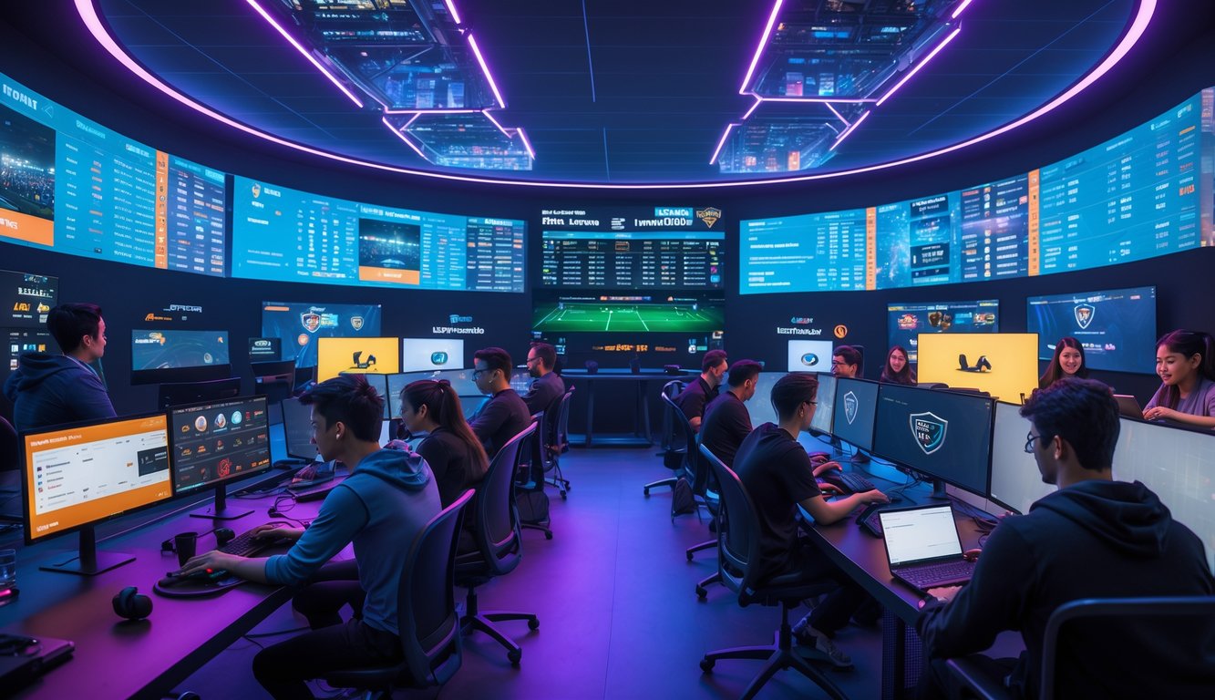 Sekelompok orang muda sedang menggunakan komputer dan ponsel di ruangan dengan layar besar yang menampilkan statistik dan pertandingan esports.