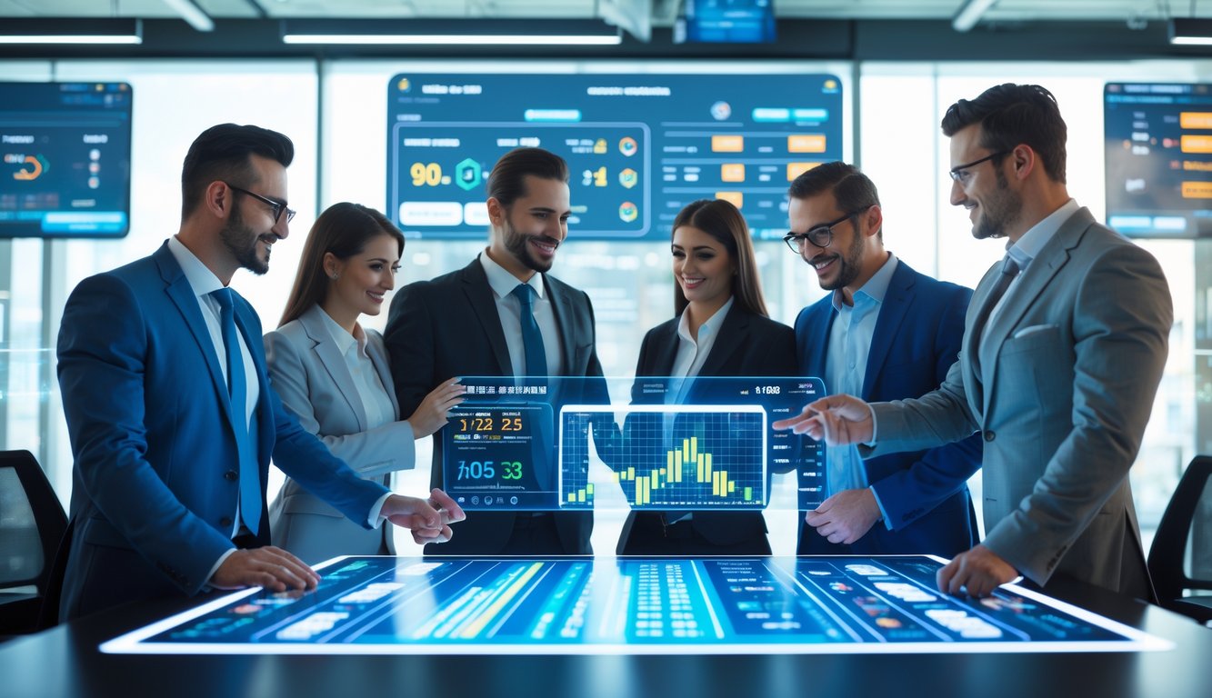 Sekelompok profesional bisnis sedang bekerja bersama di kantor modern dengan teknologi futuristik dan layar digital yang menampilkan data taruhan.