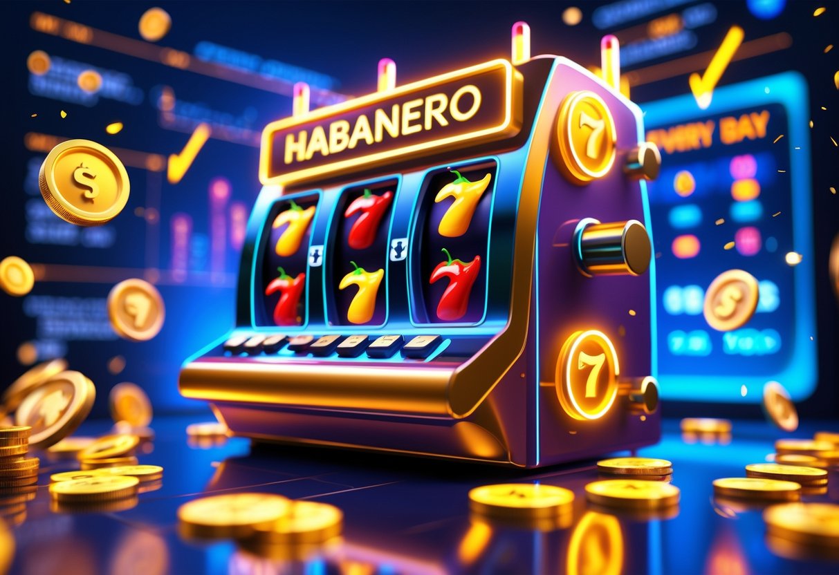 Mesin slot Habanero berwarna cerah dengan koin emas dan simbol keberuntungan di sekitarnya, menunjukkan suasana kemenangan dan strategi bermain setiap hari.