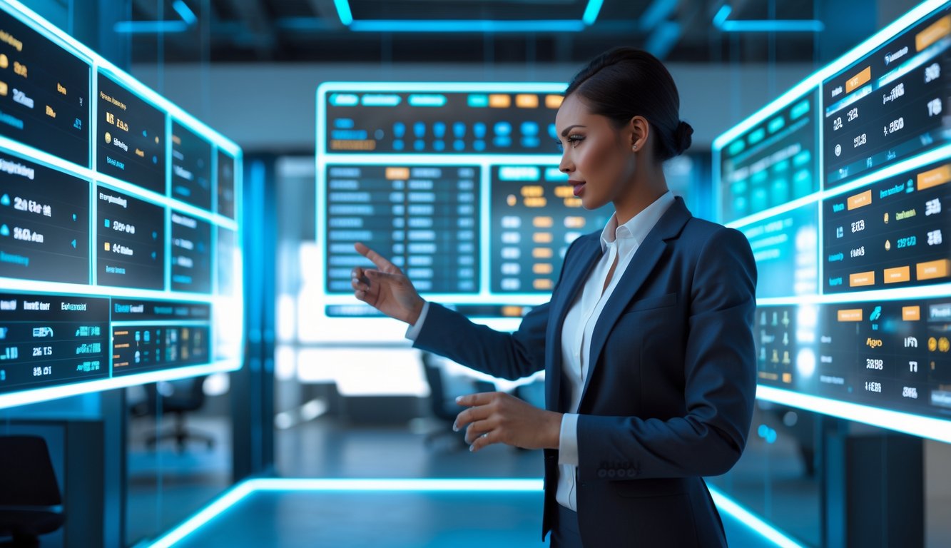 Seseorang yang percaya diri menggunakan layar digital transparan dengan data taruhan olahraga di ruang kantor futuristik.