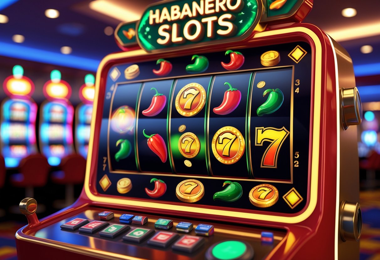 Sebuah mesin slot Habanero berwarna cerah dengan gulungan yang berputar di dalam suasana kasino yang ramai.