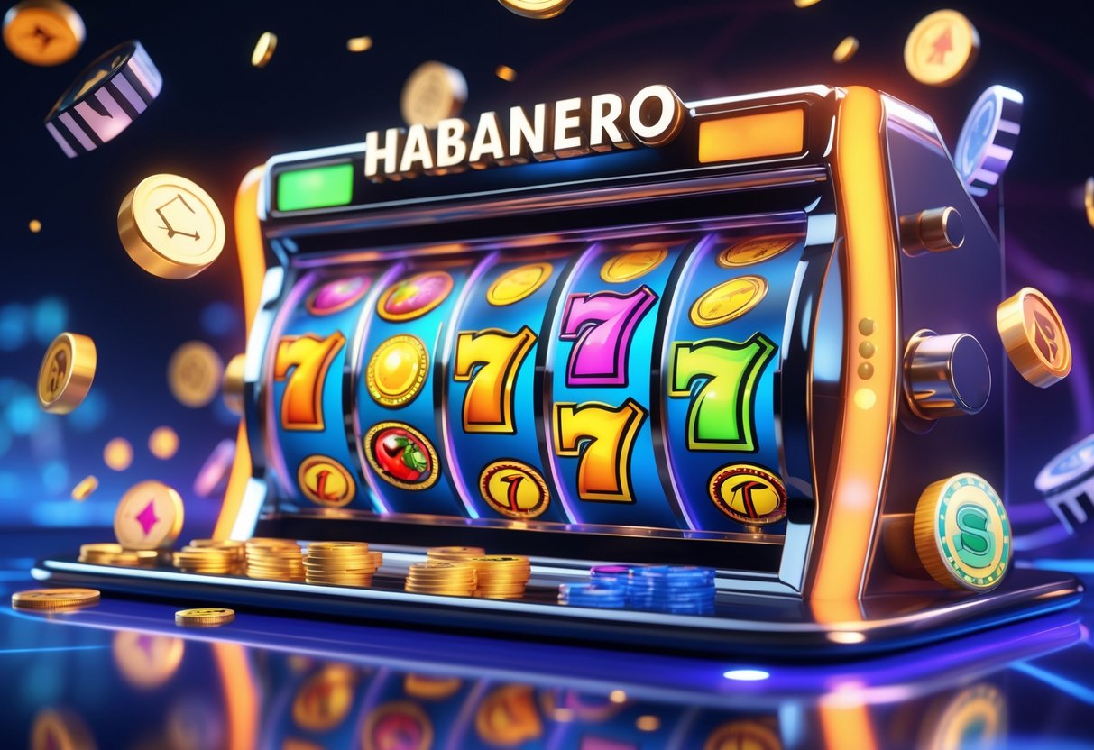 Suasana mesin slot Habanero yang berputar dengan simbol warna-warni dan efek cahaya yang menonjolkan kemenangan dalam lingkungan kasino.