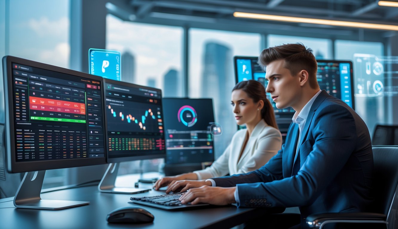 Dua orang profesional duduk di depan komputer dengan layar menampilkan data taruhan online di kantor modern.