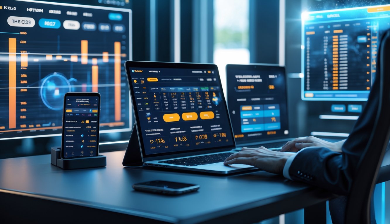 Meja kerja modern dengan perangkat digital yang menampilkan antarmuka taruhan online dan statistik olahraga.