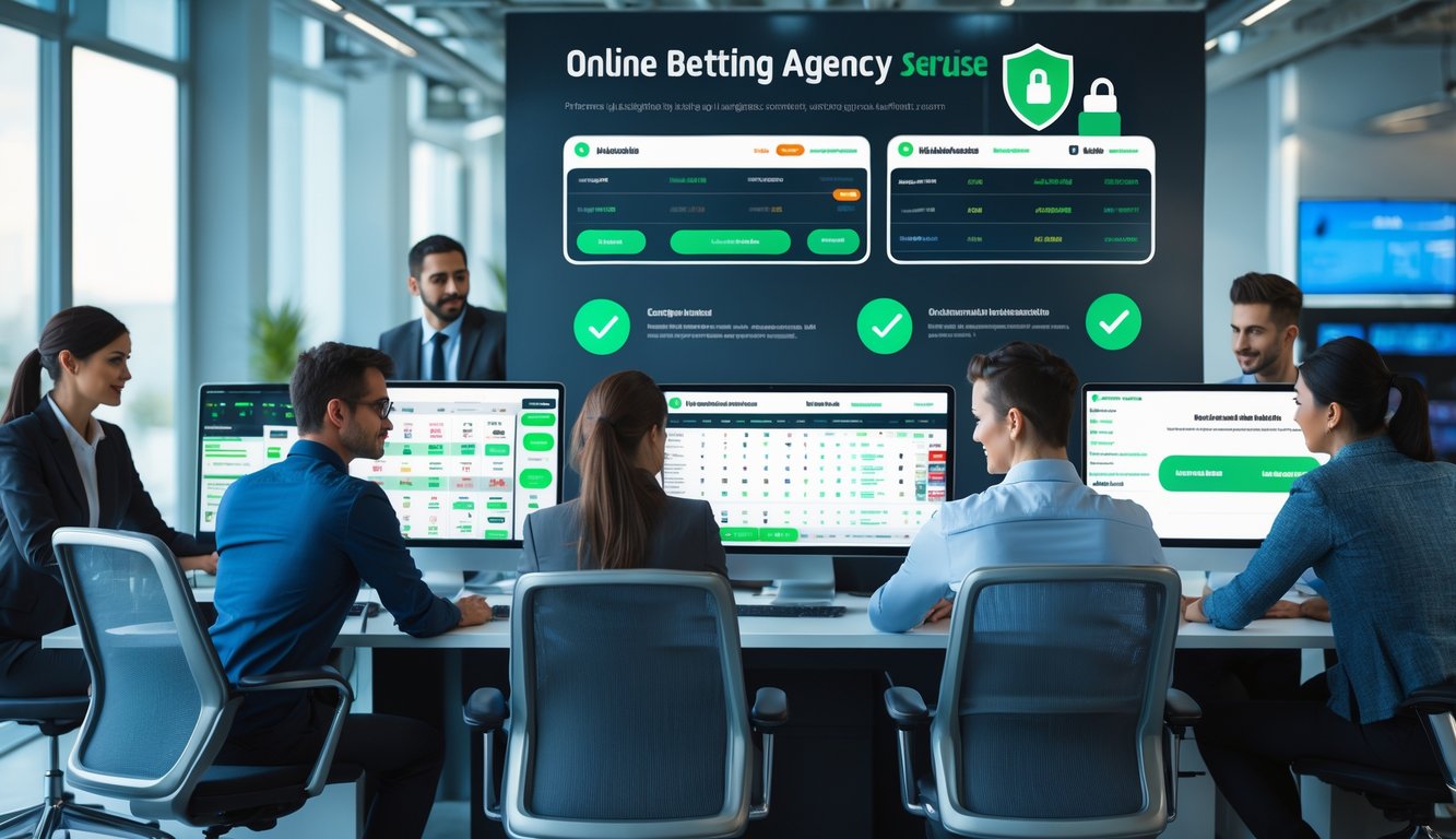 Sekelompok profesional bekerja bersama di kantor modern dengan komputer yang menampilkan data taruhan online dan simbol keamanan.