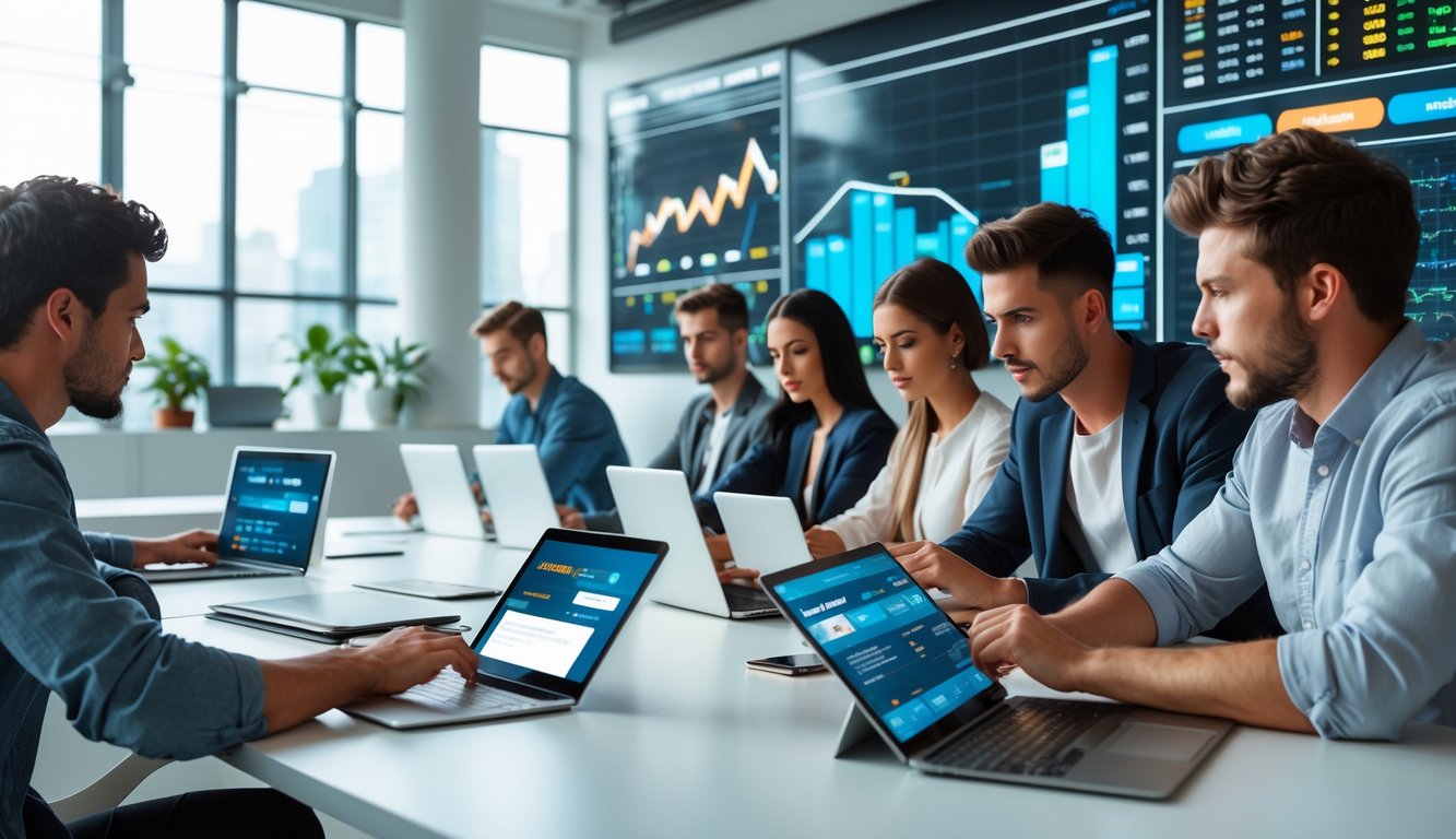 Orang-orang muda menggunakan perangkat digital di kantor modern dengan layar yang menampilkan grafik dan informasi taruhan.