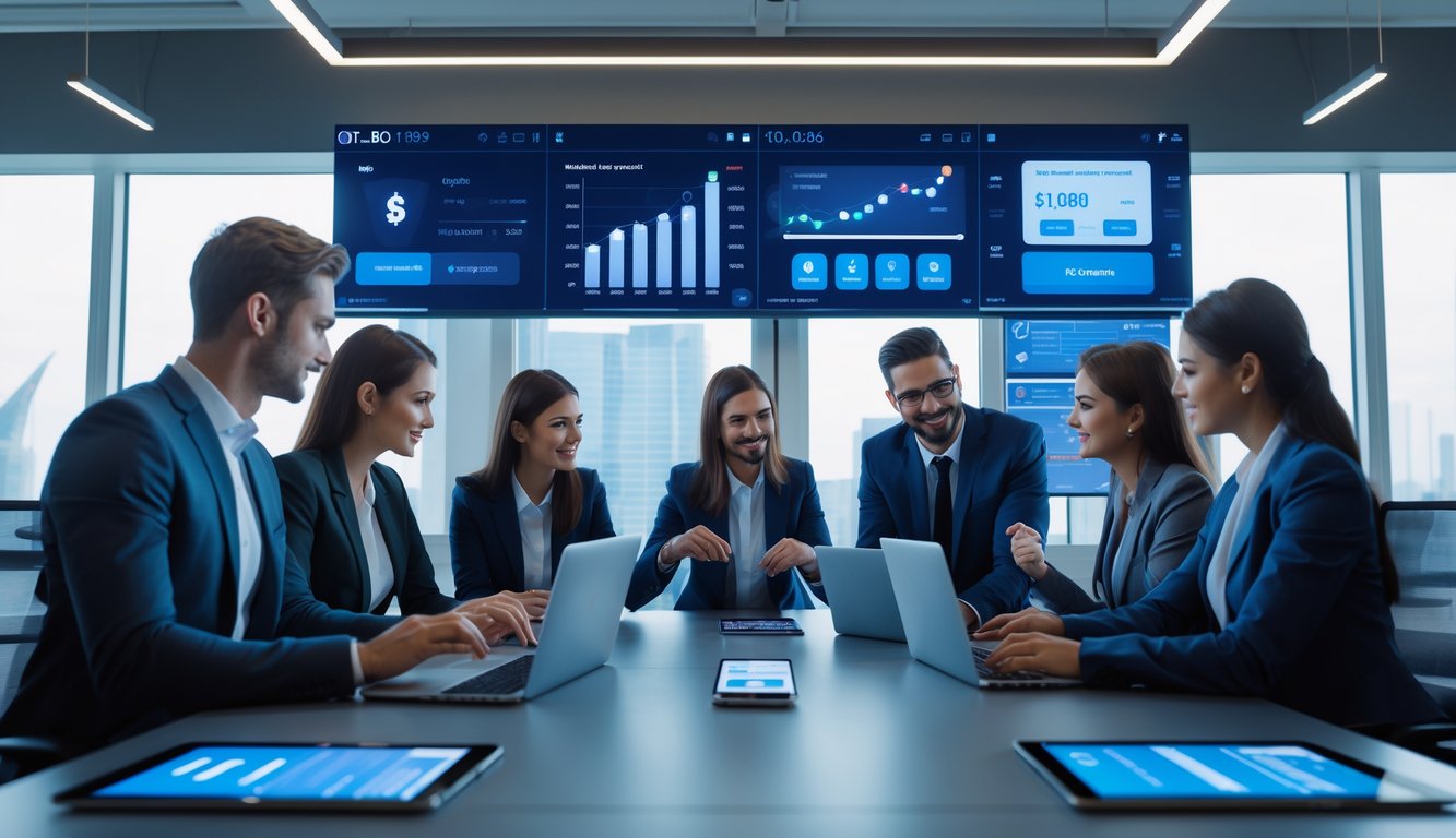 Orang-orang bekerja bersama di kantor modern dengan perangkat digital yang menampilkan situs taruhan dan transaksi pembayaran cepat.