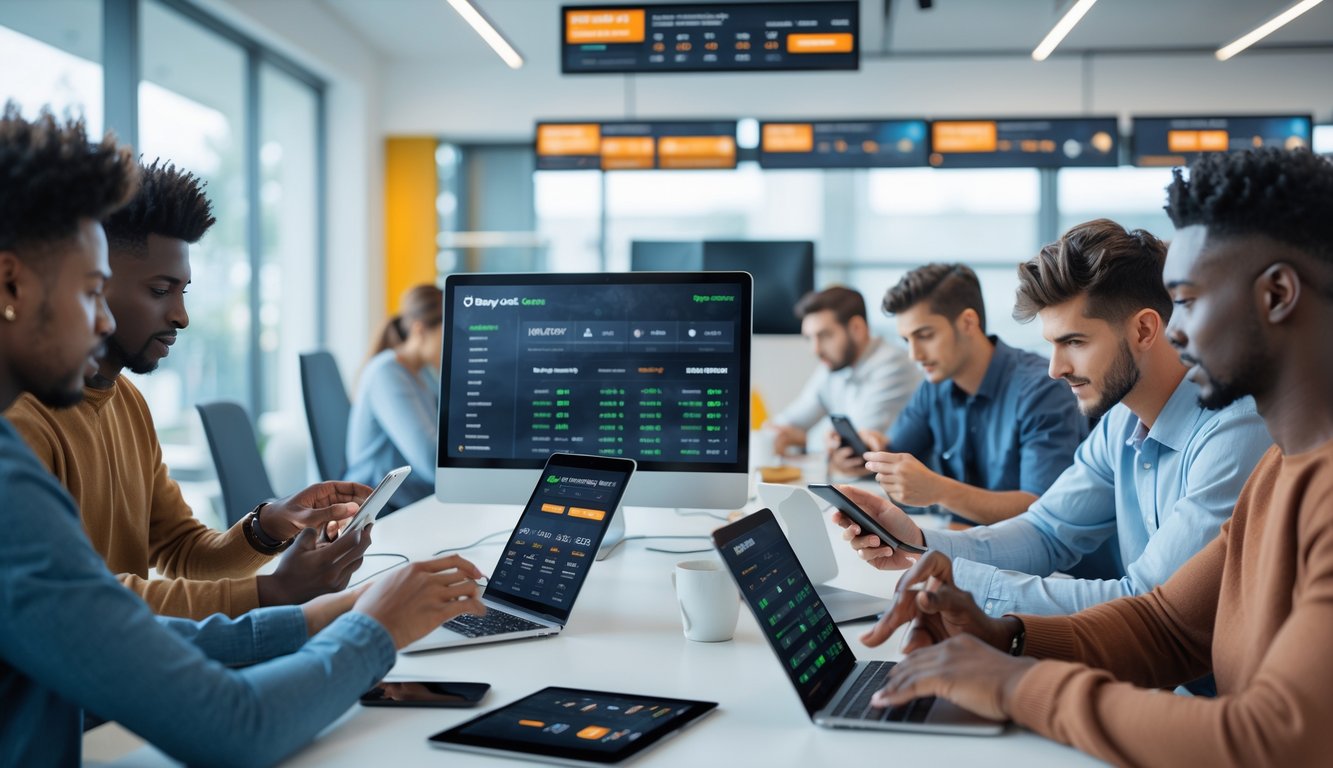 Sekelompok orang muda menggunakan perangkat digital untuk memasang taruhan online dengan suasana kerja yang modern dan terang.