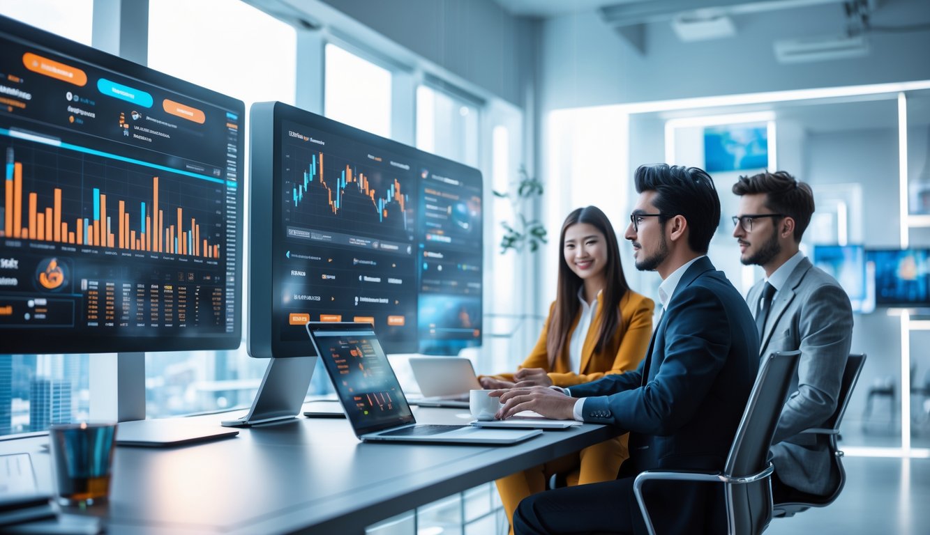 Orang-orang profesional bekerja bersama di kantor taruhan online modern dengan layar komputer besar dan pemandangan kota futuristik di latar belakang.