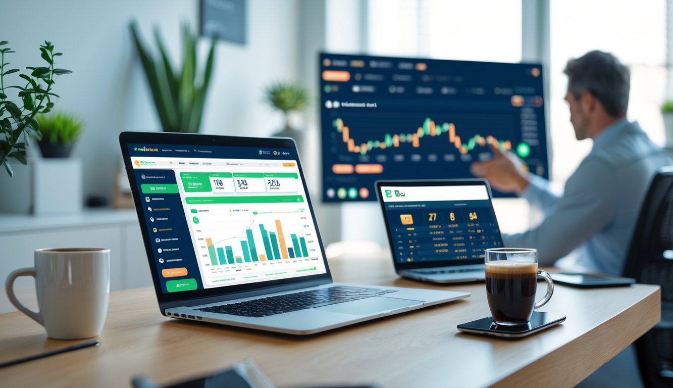 Sebuah meja kerja modern dengan laptop, ponsel, dan secangkir kopi, seorang pria sedang melihat layar besar dengan data taruhan online.