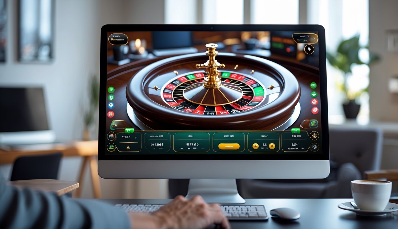 Suasana bermain roulette online dengan tampilan roda roulette digital di layar komputer di dalam ruangan yang modern dan terang.