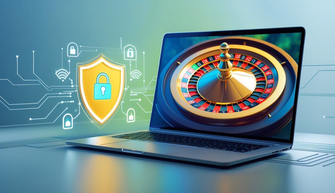 Sebuah komputer menampilkan roda roulette yang berputar dengan simbol keamanan digital di sekitarnya.