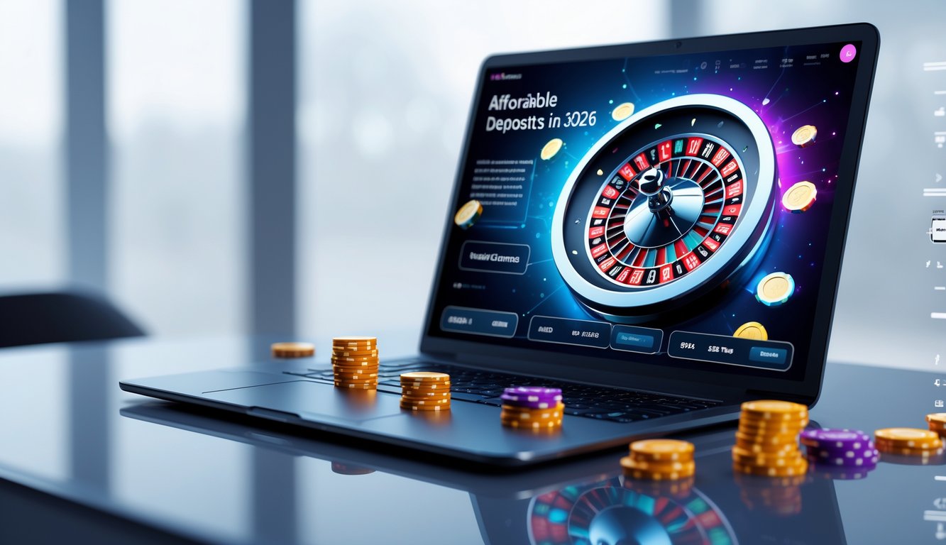 Seseorang menggunakan laptop dengan tampilan roda roulette online yang berputar dan chip taruhan di layar.